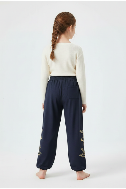 Pantalon Chinois Bleu Marine Ample Brodé Doré - Molleton - vue 2