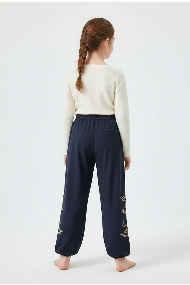 Pantalon Chinois Bleu Marine Ample Brodé Doré - Molleton - vue 2