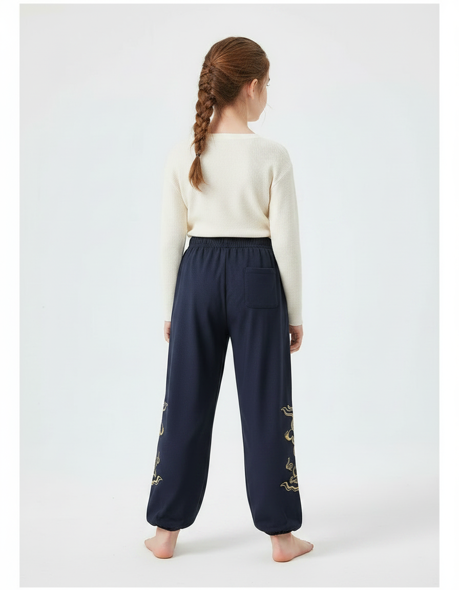 Pantalon Chinois Bleu Marine Ample Brodé Doré - Molleton - vue 2