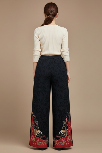 Pantalon Chinois Brodé Ample Noir Ethnique Jacquard Femme - Polyester - vue 2