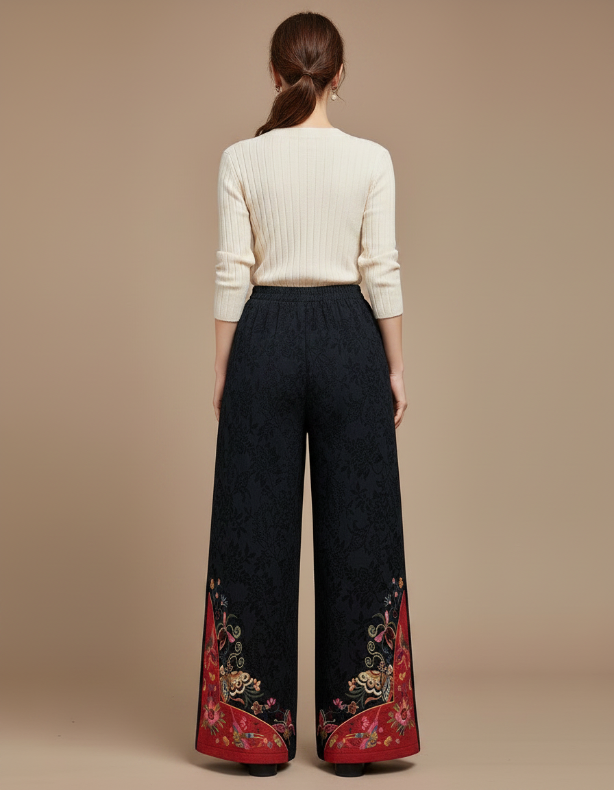 Pantalon Chinois Brodé Ample Noir Ethnique Jacquard Femme - Polyester - vue 2
