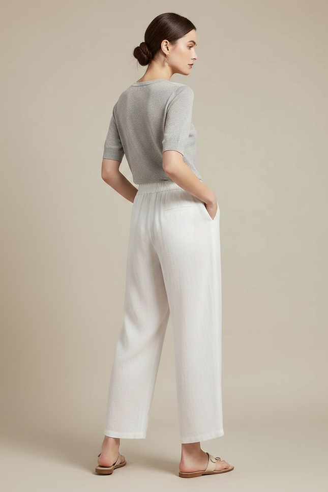 Pantalon Chinois Blanc Lin Ample Brodé Bambou - vue 2