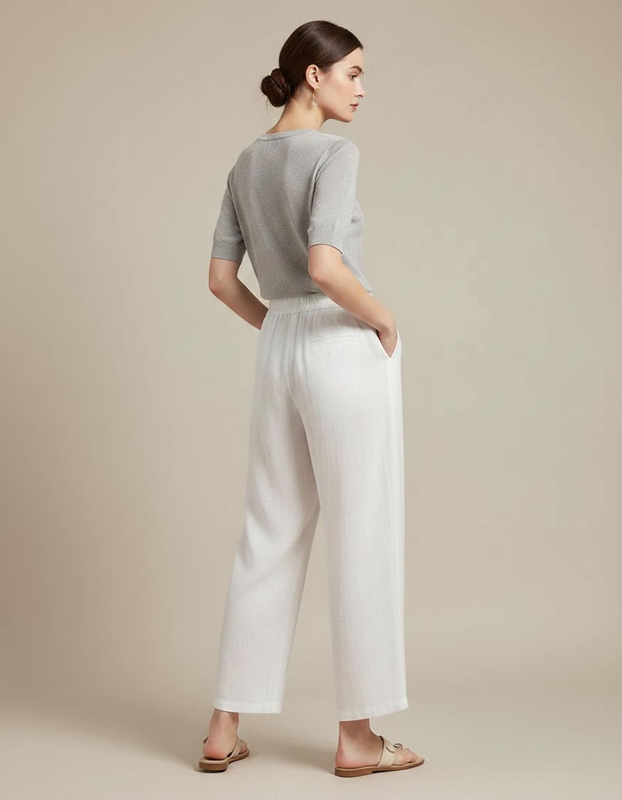 Pantalon Chinois Blanc Lin Ample Brodé Bambou - vue 2