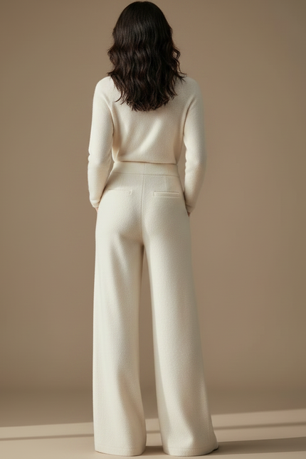 Pantalon Chinois Crème Tricoté Ample Décontracté Élégant - Blanc Maille - vue 2
