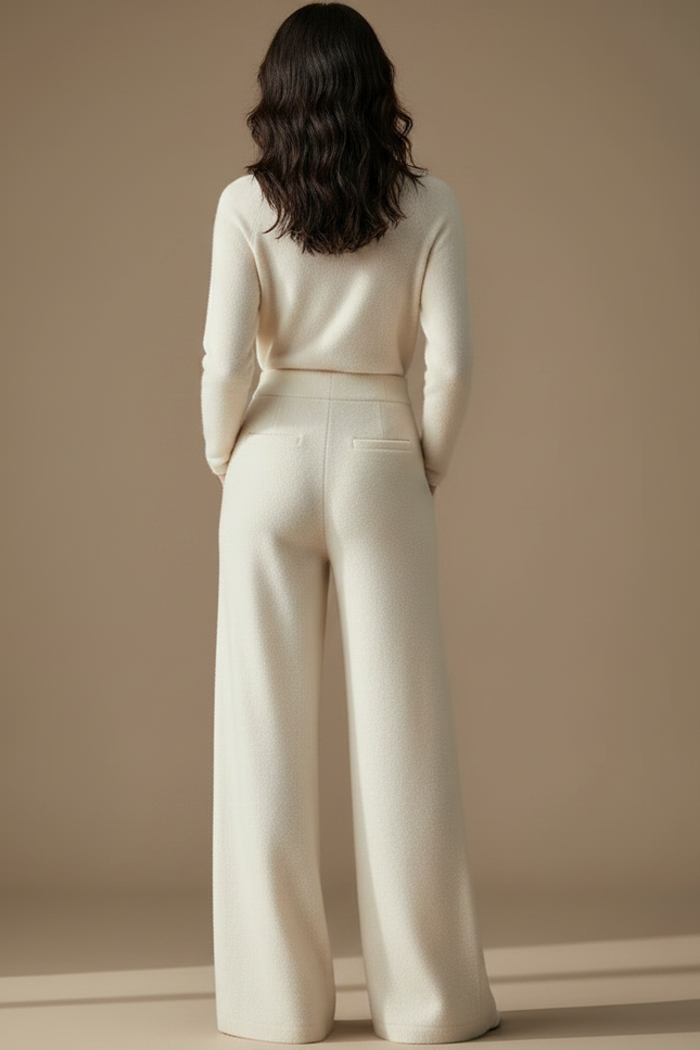 Pantalon Chinois Crème Tricoté Ample Décontracté Élégant - Blanc Maille - vue 2