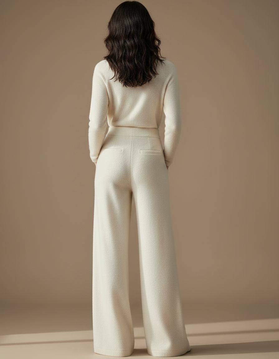 Pantalon Chinois Crème Tricoté Ample Décontracté Élégant - Blanc Maille - vue 2