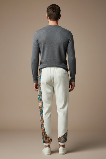 Pantalon Chinois Crème Brodé Ample Décontracté Ethnique - Beige Toile - vue 2