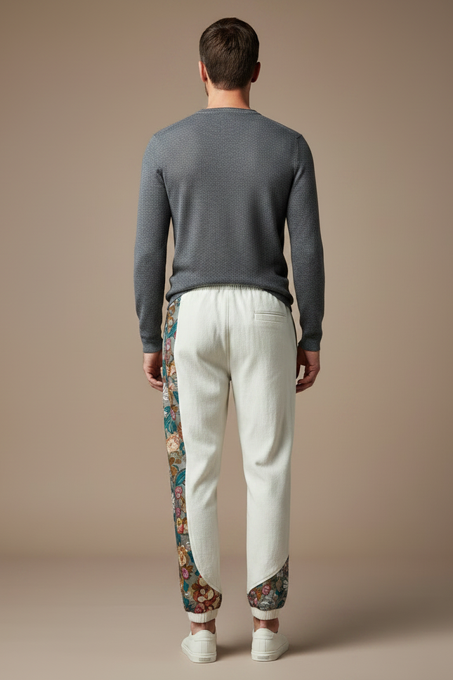 Pantalon Chinois Crème Brodé Ample Décontracté Ethnique - Beige Toile - vue 2