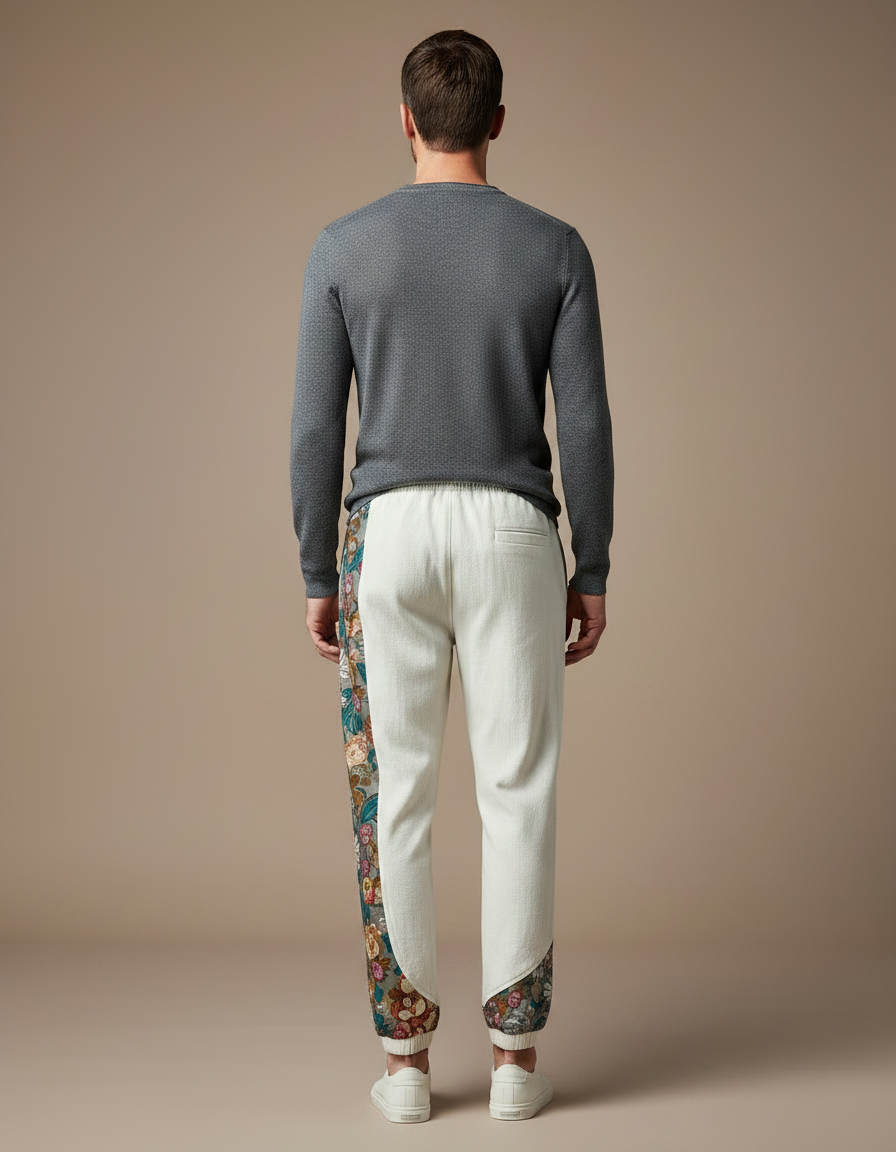 Pantalon Chinois Crème Brodé Ample Décontracté Ethnique - Beige Toile - vue 2
