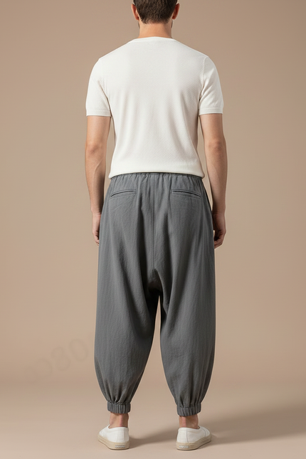 Pantalon Chinois Gris Lin Ample Harem Décontracté - vue 2