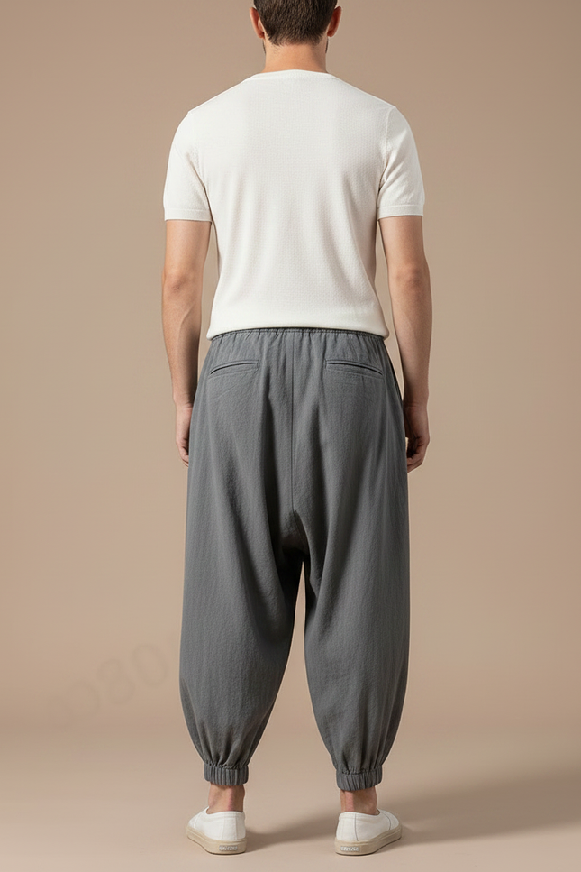 Pantalon Chinois Gris Lin Ample Harem Décontracté - vue 2