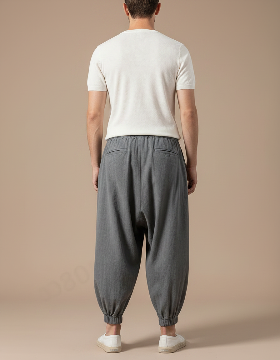 Pantalon Chinois Gris Lin Ample Harem Décontracté - vue 2