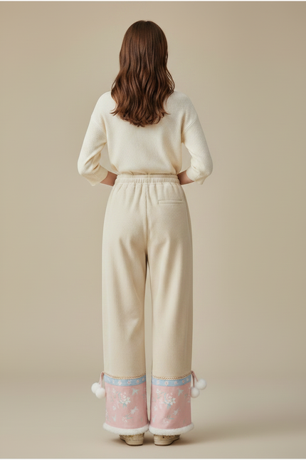 Pantalon Chinois Velours Côtelé Brodé Rose Ample Hiver - Beige Cordé - vue 2