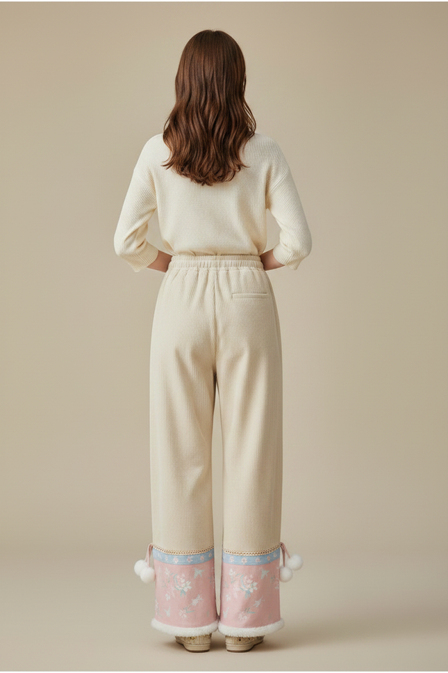 Pantalon Chinois Velours Côtelé Brodé Rose Ample Hiver - Beige Cordé - vue 2