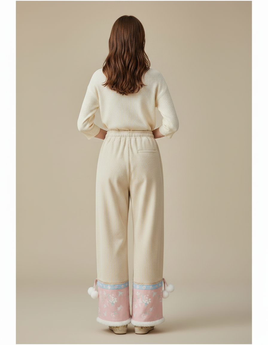 Pantalon Chinois Velours Côtelé Brodé Rose Ample Hiver - Beige Cordé - vue 2