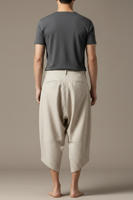 Pantalon Chinois Harem Beige Lin Ample Rayé Homme - vue 2
