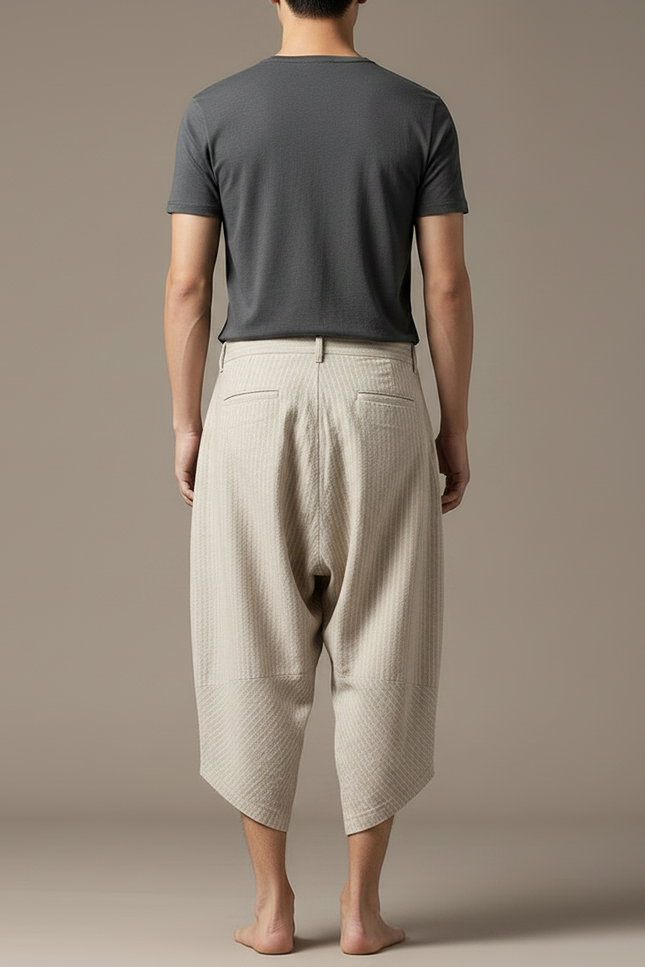 Pantalon Chinois Harem Beige Lin Ample Rayé Homme - vue 2