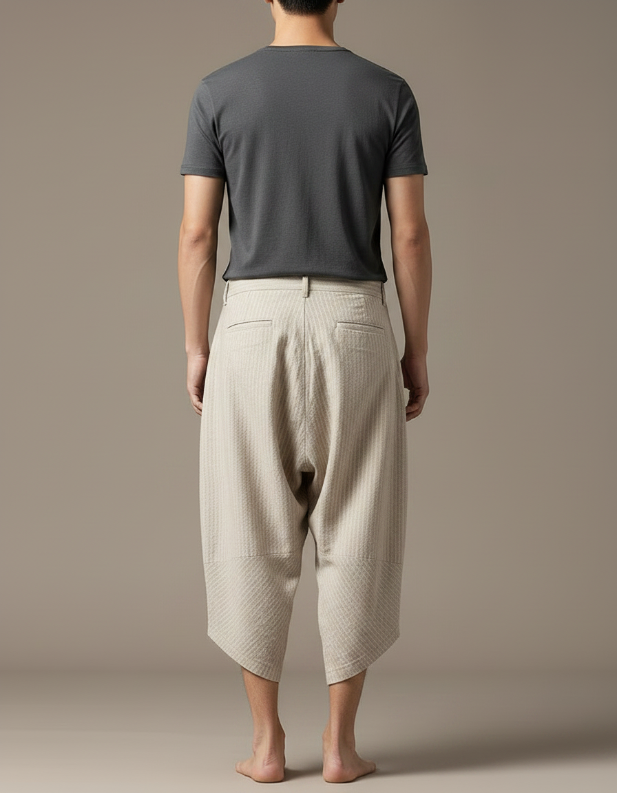 Pantalon Chinois Harem Beige Lin Ample Rayé Homme - vue 2