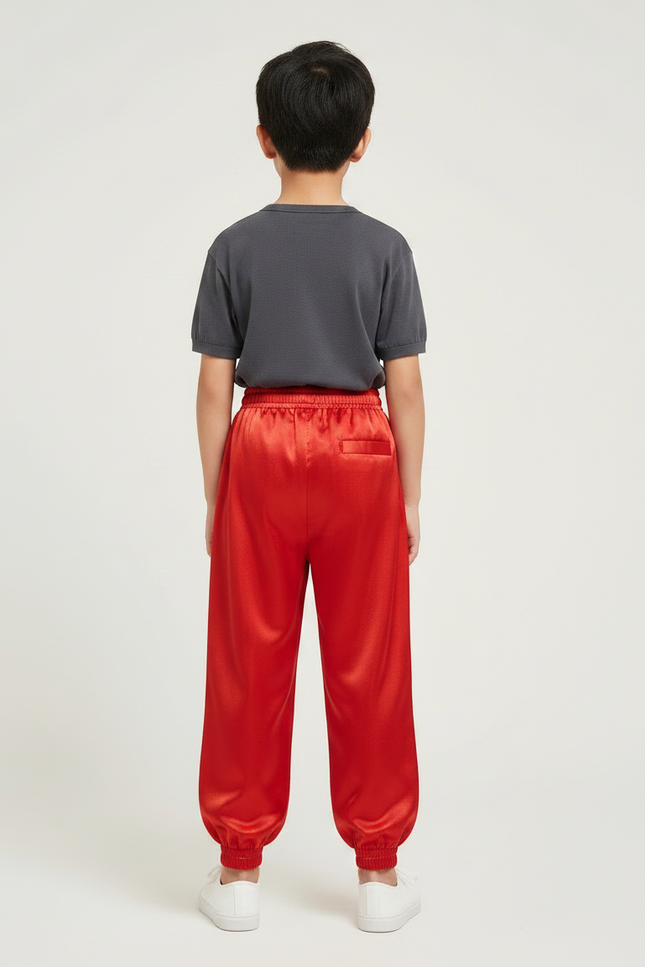 Pantalon Chinois Rouge Satiné Ample Élastiqué Brodé Enfant - vue 2
