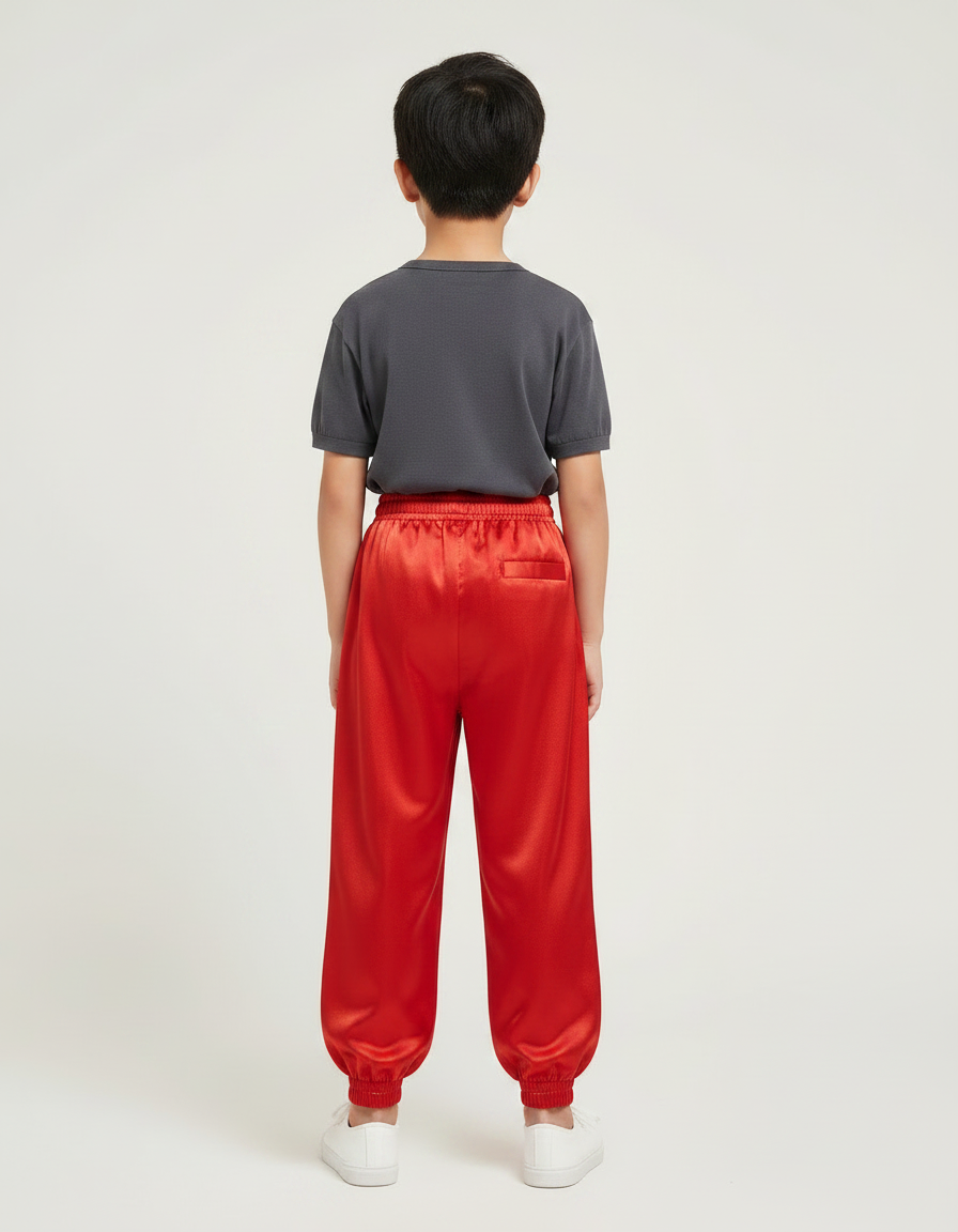 Pantalon Chinois Rouge Satiné Ample Élastiqué Brodé Enfant - vue 2