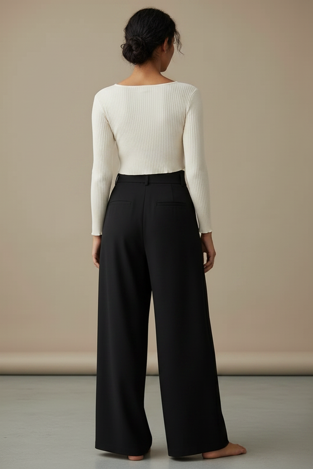 Pantalon Chinois Noir Ample Fluide Décontracté Élégant - Polyester - vue 2