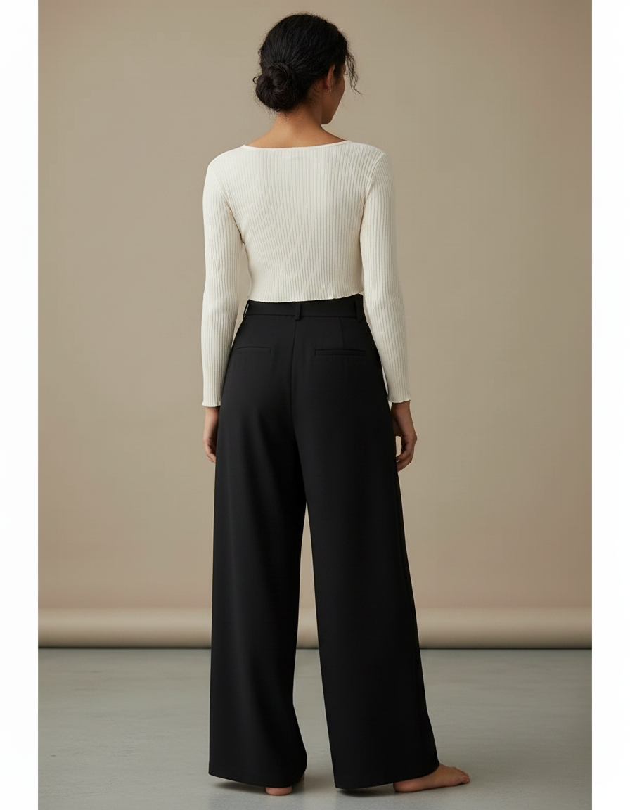 Pantalon Chinois Noir Ample Fluide Décontracté Élégant - Polyester - vue 2