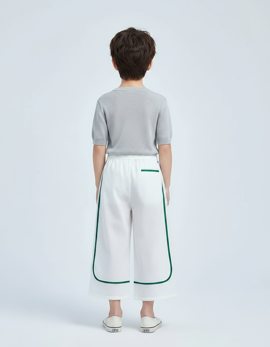 Pantalon Chinois Blanc Ample Cordon Vert Enfant - Lin - vue 2
