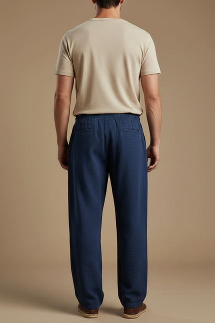 Pantalon Chinois Bleu Marine Ample Coton Lin Cordon - vue 2