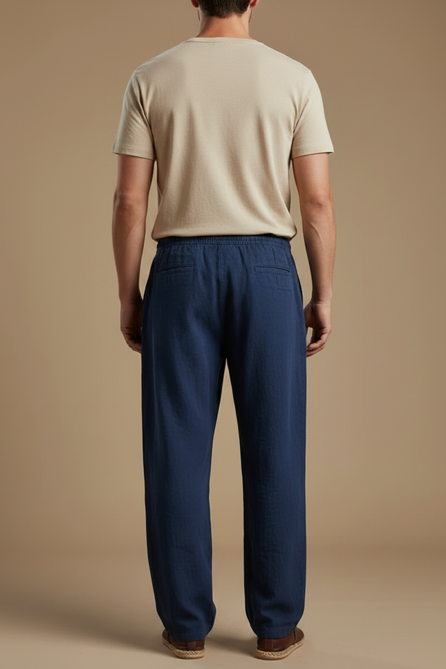 Pantalon Chinois Bleu Marine Ample Coton Lin Cordon - vue 2
