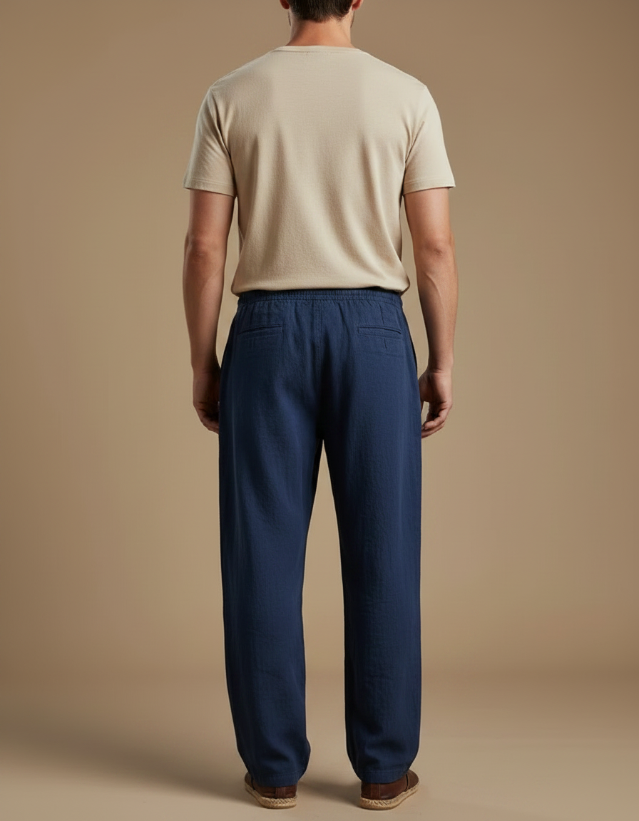 Pantalon Chinois Bleu Marine Ample Coton Lin Cordon - vue 2