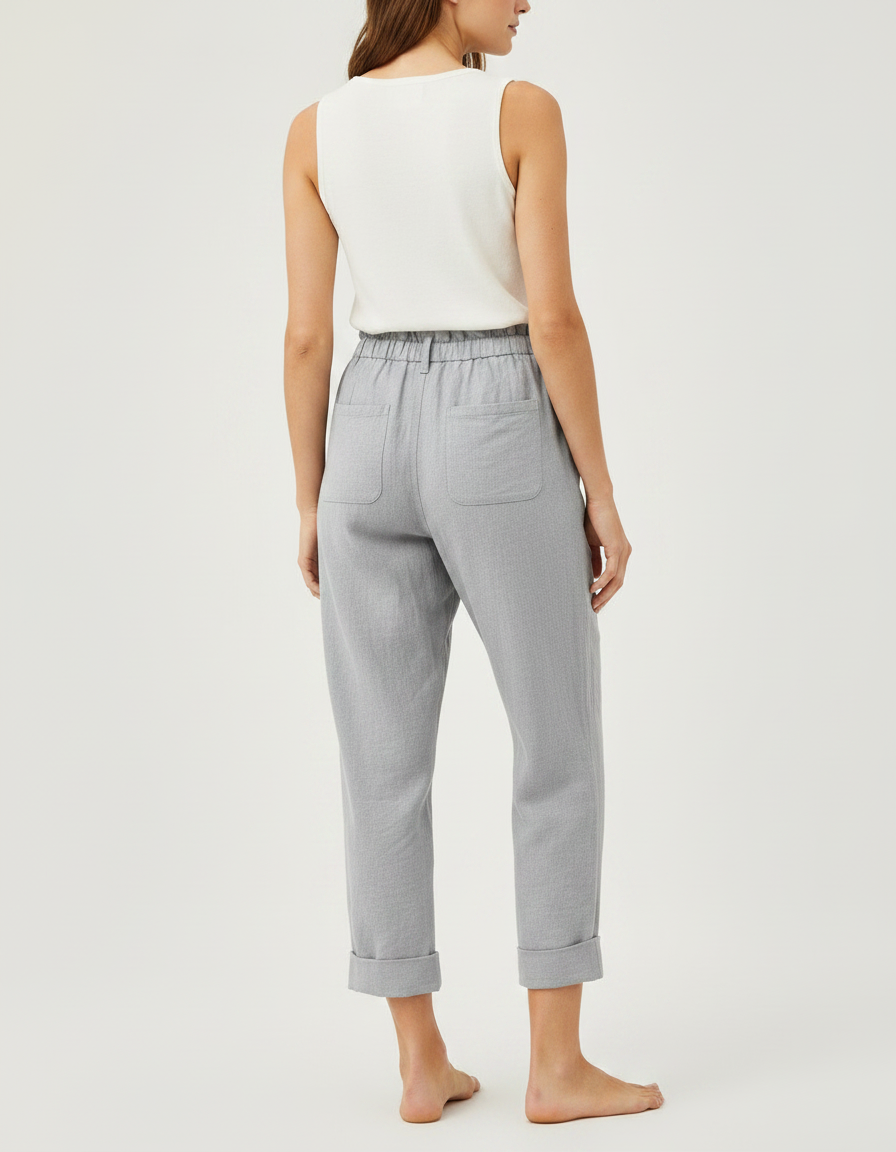 Pantalon Chinois Gris Clair Ample Coton Lin - vue 2