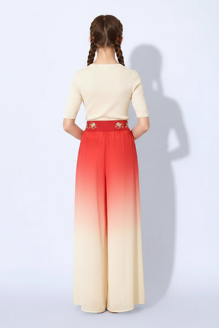 Pantalon Chinois Dégradé Fluide Ample Fendu Rouge Crème - Multicolore Viscose - vue 2