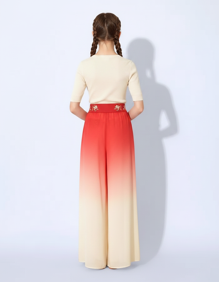 Pantalon Chinois Dégradé Fluide Ample Fendu Rouge Crème - Multicolore Viscose - vue 2