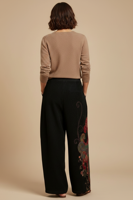 Pantalon Chinois Noir Brodé Ethnique Ample Floral - Cordé - vue 2