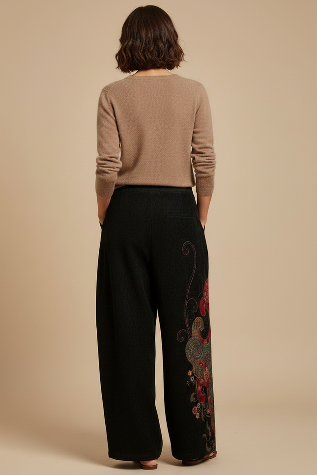 Pantalon Chinois Noir Brodé Ethnique Ample Floral - Cordé - vue 2