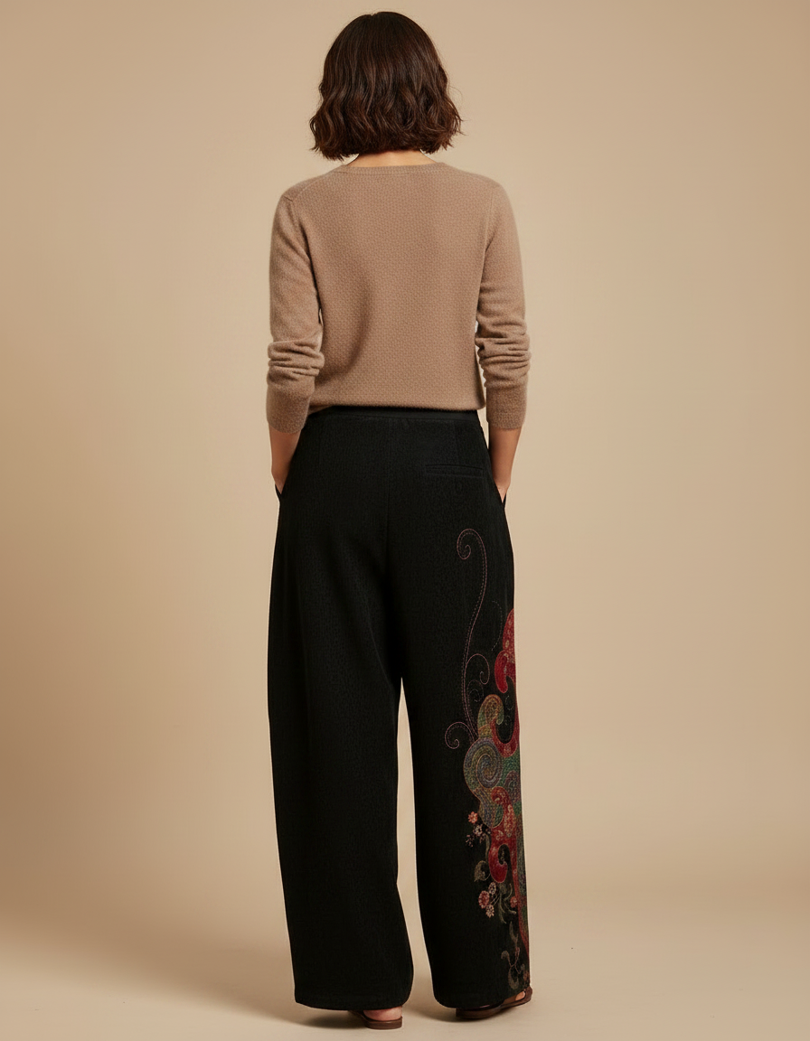 Pantalon Chinois Noir Brodé Ethnique Ample Floral - Cordé - vue 2
