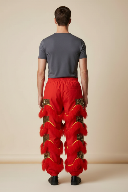 Pantalon Chinois Lion Danse Scintillant Rouge Doré Homme Festif - Polyester - vue 2