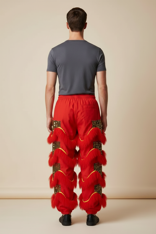 Pantalon Chinois Lion Danse Scintillant Rouge Doré Homme Festif - Polyester - vue 2