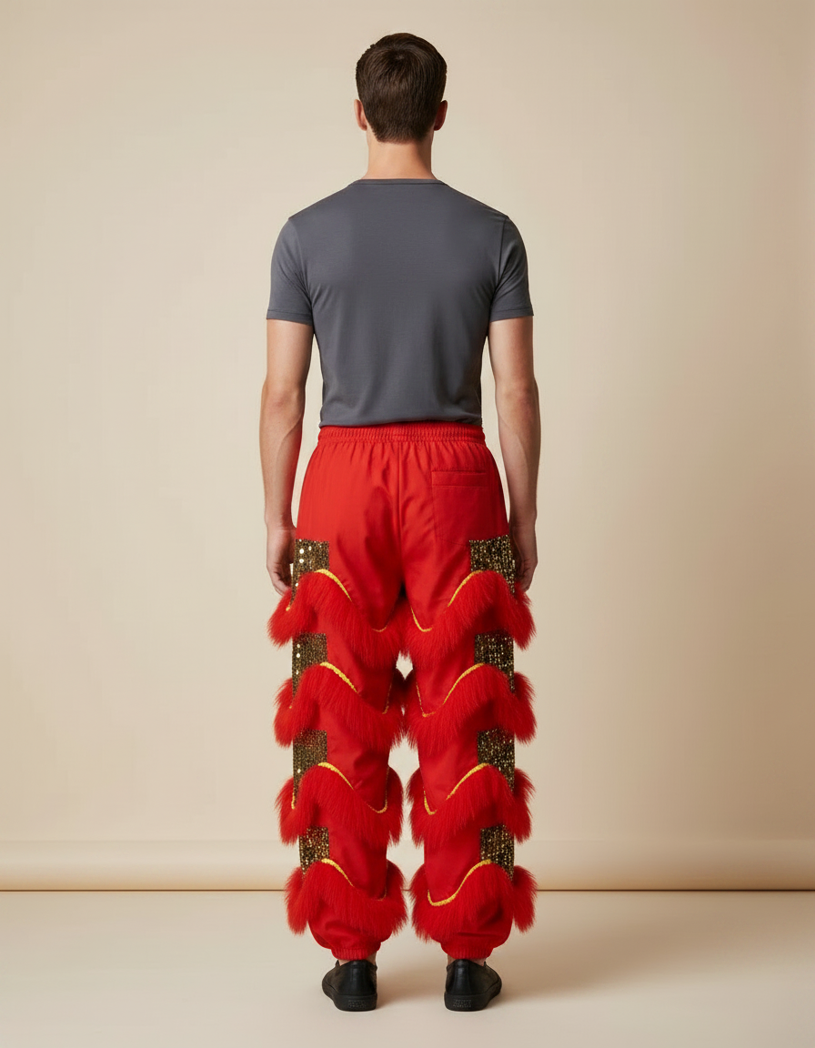 Pantalon Chinois Lion Danse Scintillant Rouge Doré Homme Festif - Polyester - vue 2