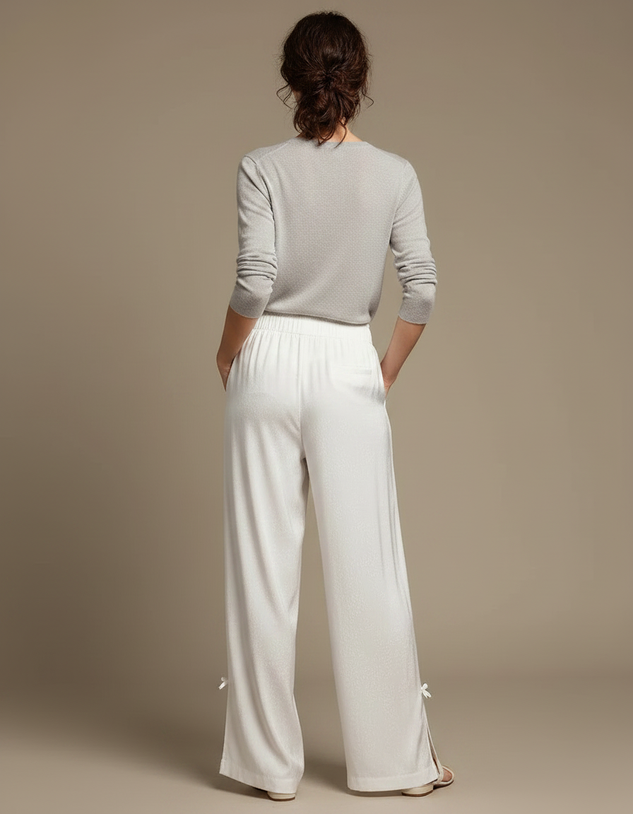 Pantalon Chinois Blanc Satin Fluide Ample Élégant - vue 2