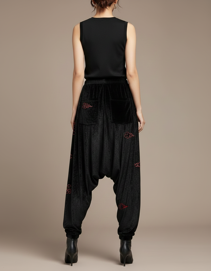 Pantalon Chinois Noir Brodé Dragon Velours Harem Femme - vue 2
