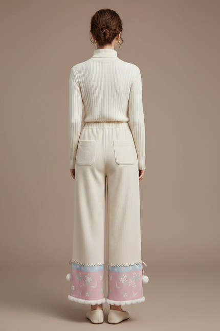 Pantalon Chinois Crème Brodé Pompons Hiver Femme - Beige Maille - vue 2