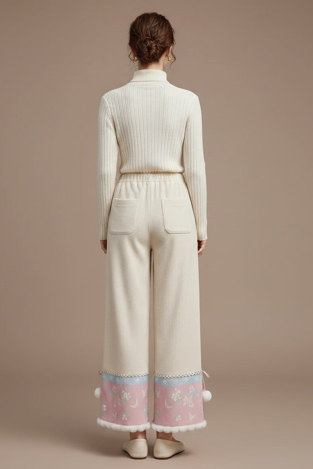 Pantalon Chinois Crème Brodé Pompons Hiver Femme - Beige Maille - vue 2
