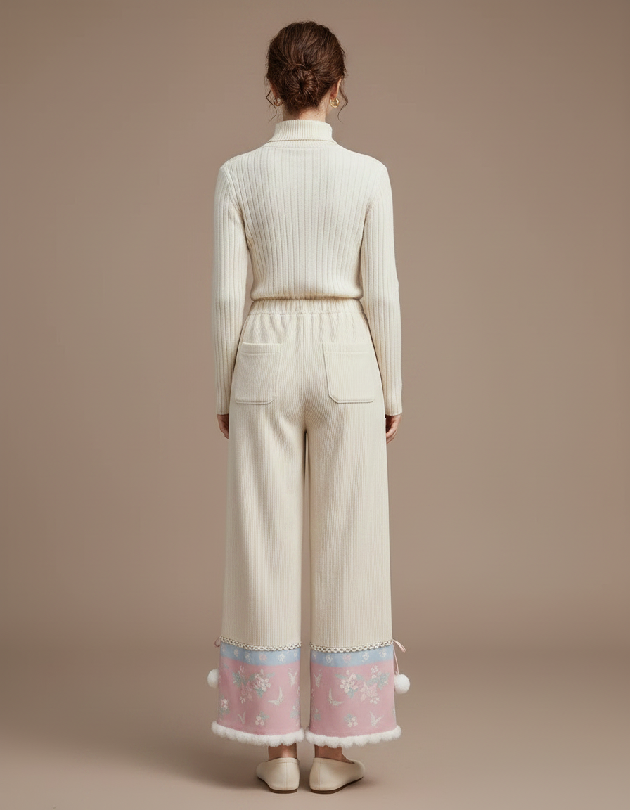 Pantalon Chinois Crème Brodé Pompons Hiver Femme - Beige Maille - vue 2