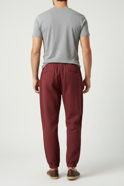 Pantalon Chinois Bordeaux Ample Coton Lin Décontracté - vue 2