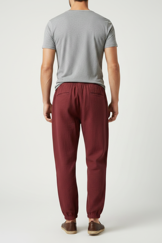 Pantalon Chinois Bordeaux Ample Coton Lin Décontracté - vue 2