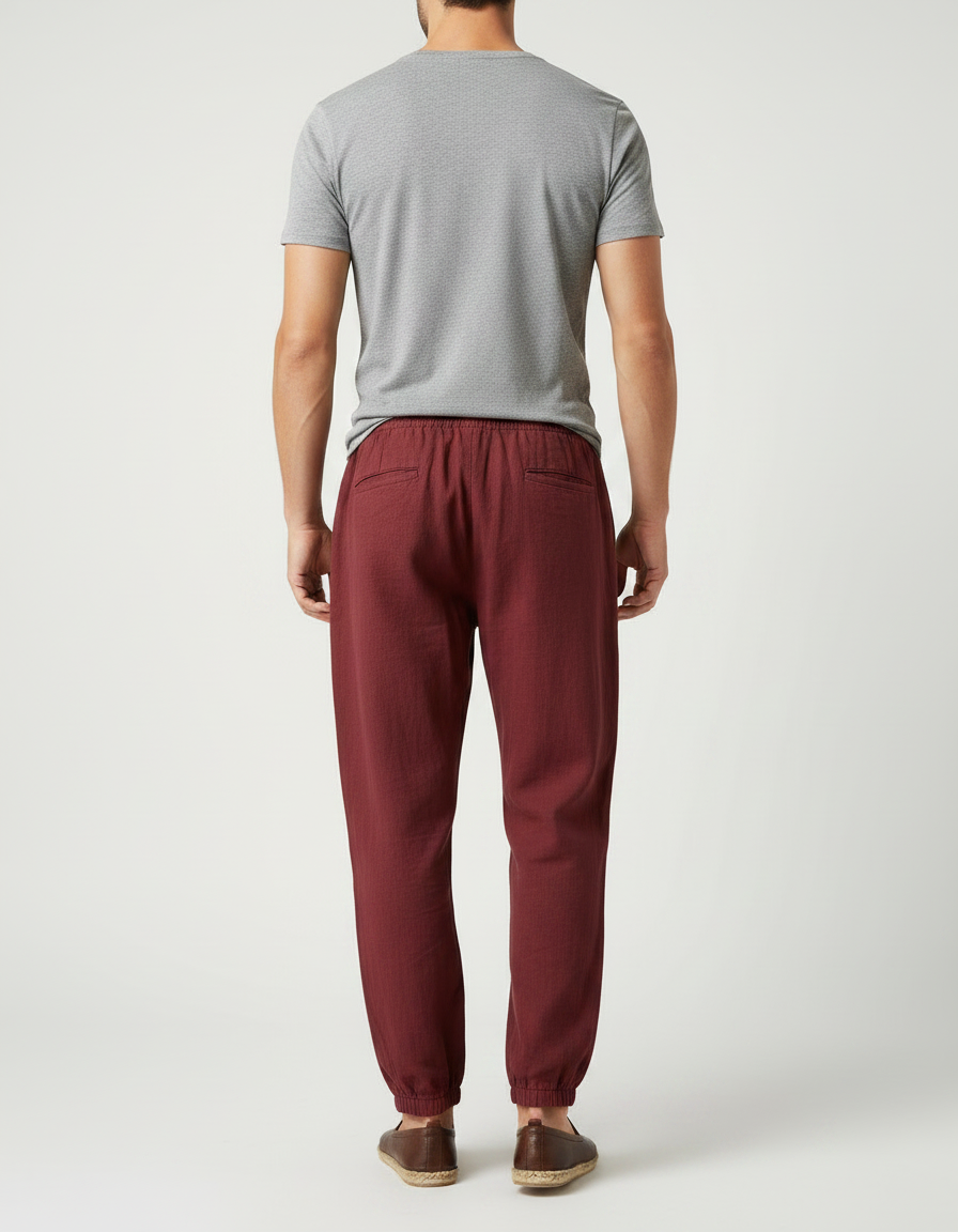 Pantalon Chinois Bordeaux Ample Coton Lin Décontracté - vue 2