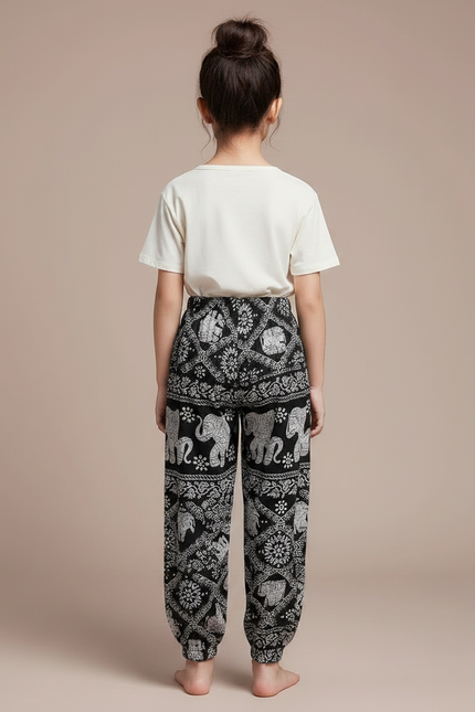 Pantalon Chinois Noir Blanc Imprimé Éléphant Ample Fille - Viscose - vue 2