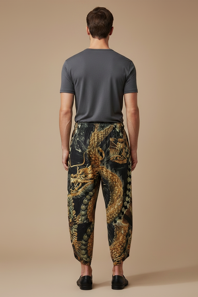 Pantalon Chinois Noir Ample Dragon Doré Imprimé - Viscose - vue 2
