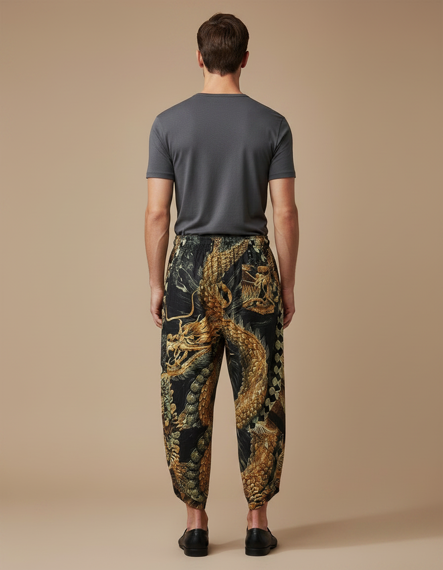 Pantalon Chinois Noir Ample Dragon Doré Imprimé - Viscose - vue 2